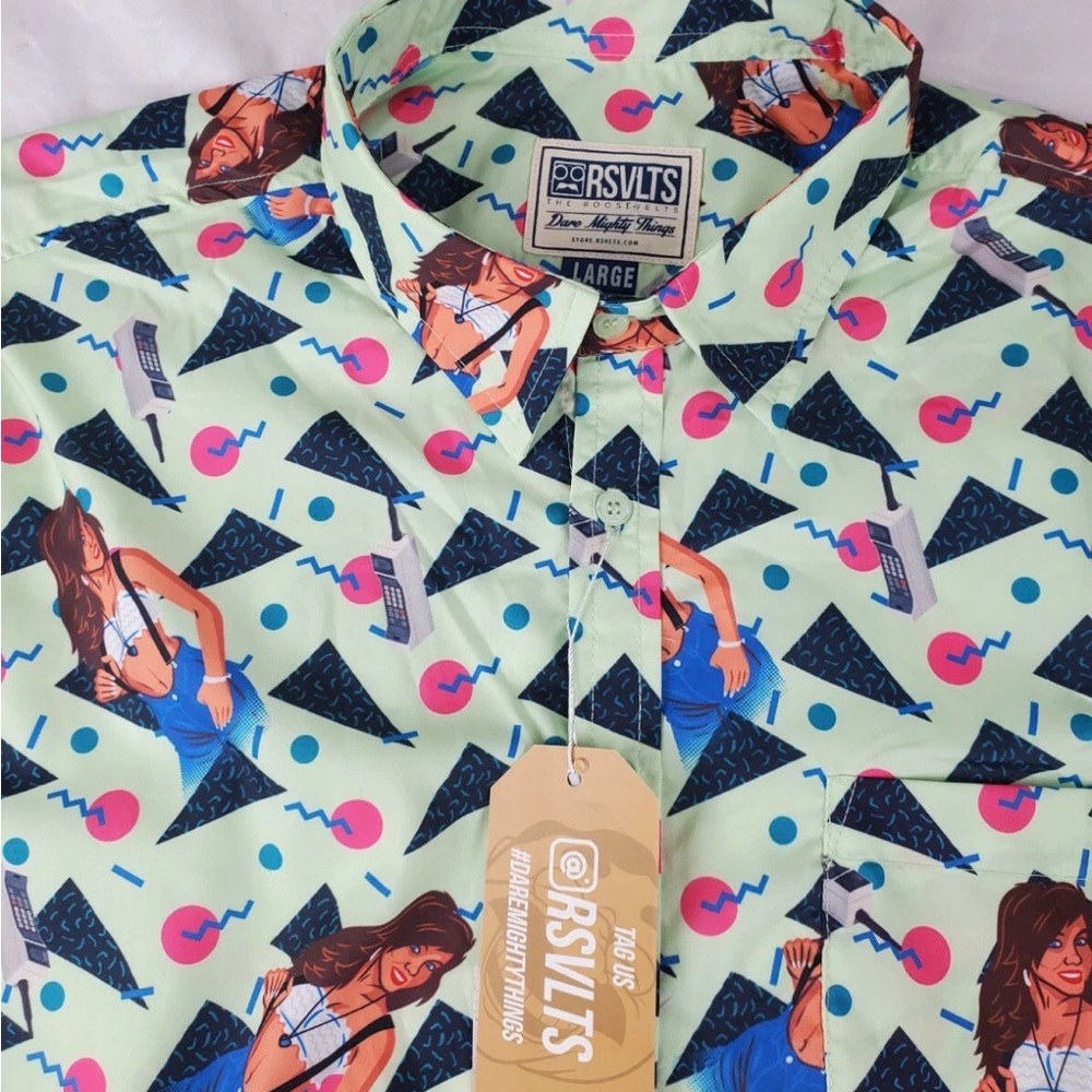 RSVLTS Dare Mighty Things Mens Shirt Large Green Button Up Short Sleeve New